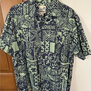 Casual Green and Blue Button Down Shirt with Geometric Patterns XL